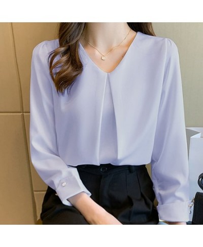 New Retro Pullover White Long Sleeve Solid Color Shirt Women's Simple Blue Tops and Blouse Women Spliced Chiffon Elegant 1571...