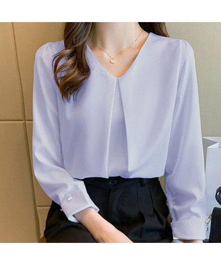 New Retro Pullover White Long Sleeve Solid Color Shirt Women's Simple Blue Tops and Blouse Women Spliced Chiffon Elegant 1571...