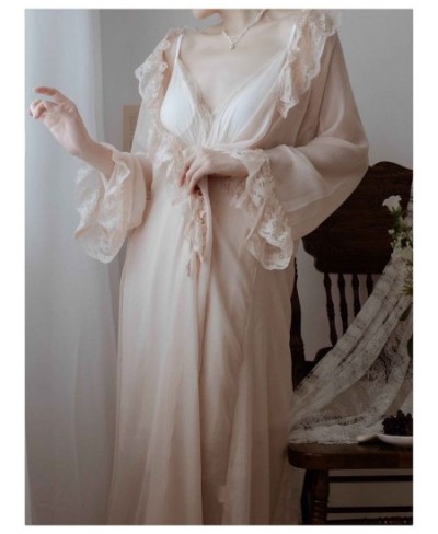 French Nightgown Palace Retro Lace Sexy Girl 'S Autumn Princess Pajamas Sling Nightgown Two Piece Set Robe Sets Women Full $7...