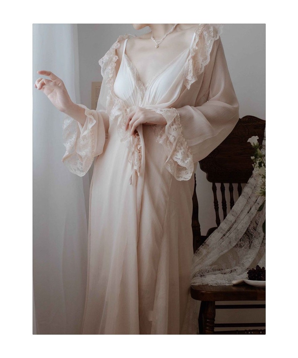 French Nightgown Palace Retro Lace Sexy Girl 'S Autumn Princess Pajamas Sling Nightgown Two Piece Set Robe Sets Women Full $7...