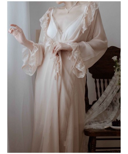 French Nightgown Palace Retro Lace Sexy Girl 'S Autumn Princess Pajamas Sling Nightgown Two Piece Set Robe Sets Women Full $7...