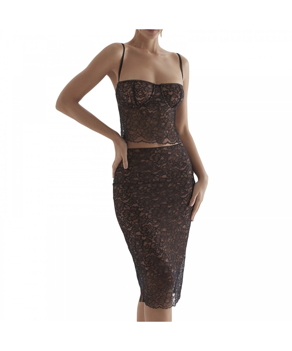 Women Lace 2 Piece Skirt Set Sexy Sleeveless See Through Fitted Crop Tops Vest Low Waist Bodycon Skirt Outfit Clubwear $32.23...