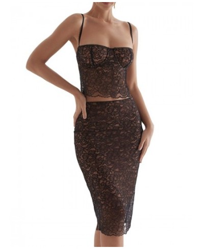 Women Lace 2 Piece Skirt Set Sexy Sleeveless See Through Fitted Crop Tops Vest Low Waist Bodycon Skirt Outfit Clubwear $32.23...