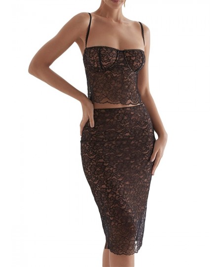 Women Lace 2 Piece Skirt Set Sexy Sleeveless See Through Fitted Crop Tops Vest Low Waist Bodycon Skirt Outfit Clubwear $32.23...