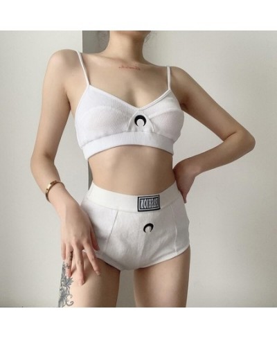 Women Solid Color Underwear Set Sexy Gothic Women Vest Set Embroidered Moon Pattern Two-piece Navel Top and Shorts $33.59 - U...