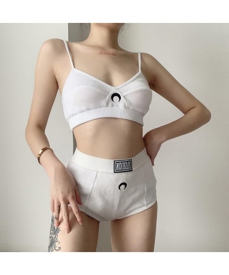 Women Solid Color Underwear Set Sexy Gothic Women Vest Set Embroidered Moon Pattern Two-piece Navel Top and Shorts $33.59 - U...