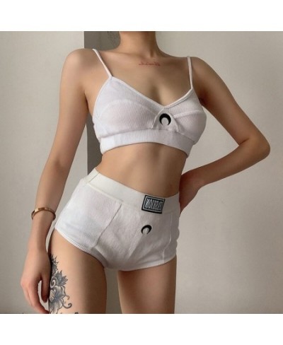 Women Solid Color Underwear Set Sexy Gothic Women Vest Set Embroidered Moon Pattern Two-piece Navel Top and Shorts $33.59 - U...