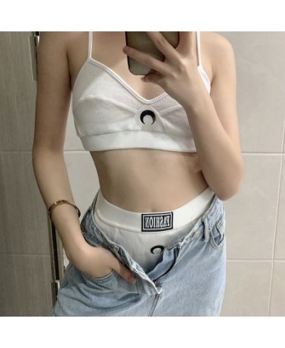 Women Solid Color Underwear Set Sexy Gothic Women Vest Set Embroidered Moon Pattern Two-piece Navel Top and Shorts $33.59 - U...