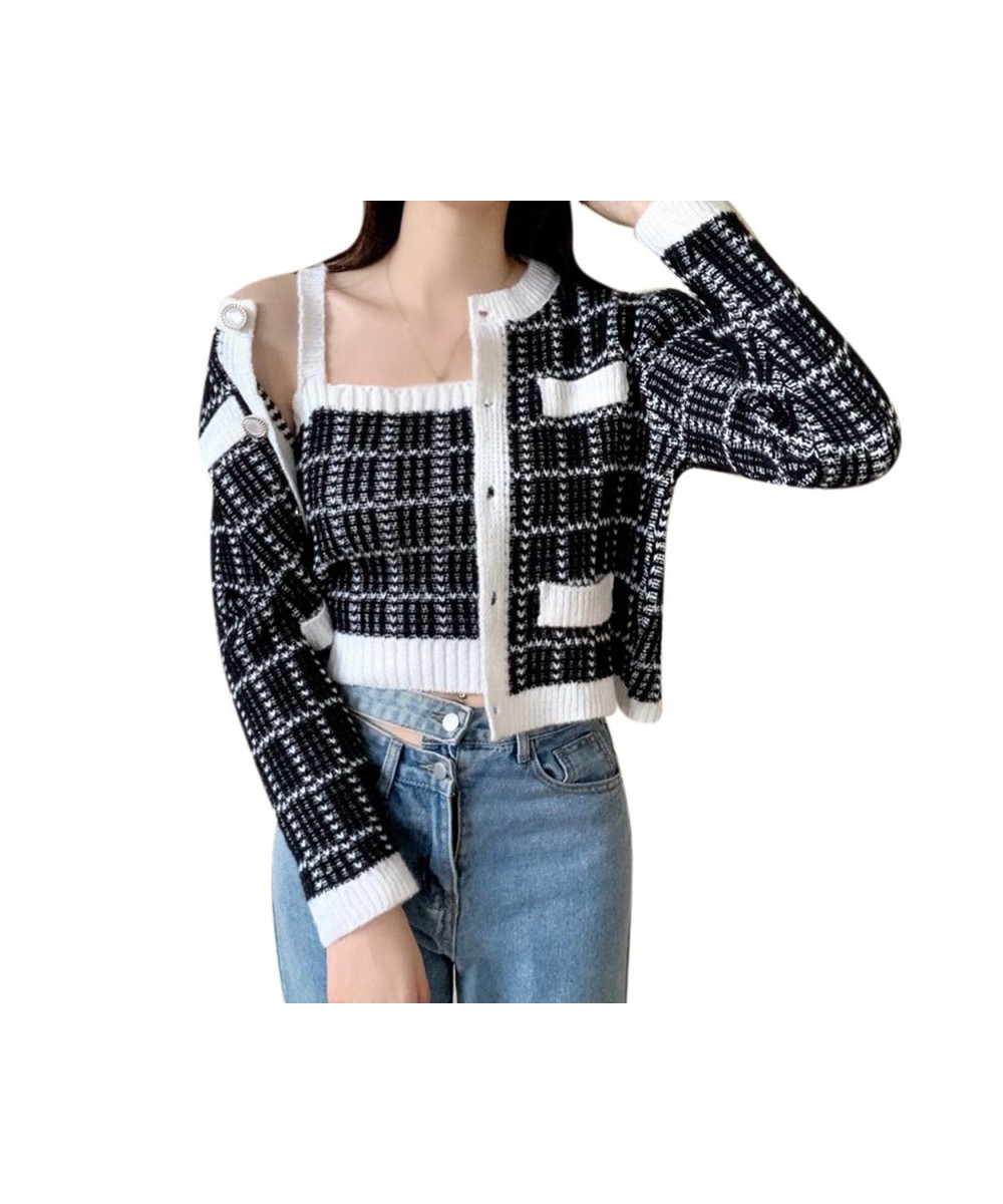 Fall/Spring Fashion Korean Style Casual Versatile Retro Sweet Cute Plaid Print Knitted Slim Camisole Cardigan Two-Piece Suit ...