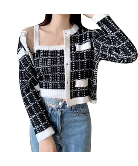 Fall/Spring Fashion Korean Style Casual Versatile Retro Sweet Cute Plaid Print Knitted Slim Camisole Cardigan Two-Piece Suit ...