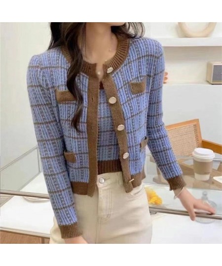 Fall/Spring Fashion Korean Style Casual Versatile Retro Sweet Cute Plaid Print Knitted Slim Camisole Cardigan Two-Piece Suit ...