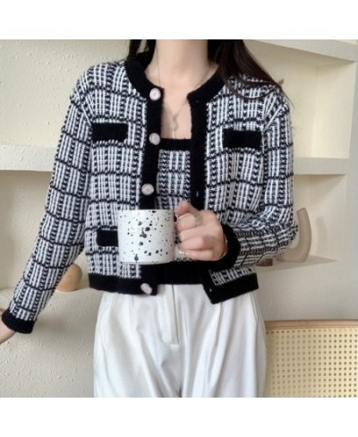 Fall/Spring Fashion Korean Style Casual Versatile Retro Sweet Cute Plaid Print Knitted Slim Camisole Cardigan Two-Piece Suit ...