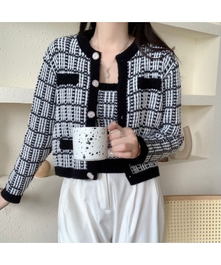 Fall/Spring Fashion Korean Style Casual Versatile Retro Sweet Cute Plaid Print Knitted Slim Camisole Cardigan Two-Piece Suit ...