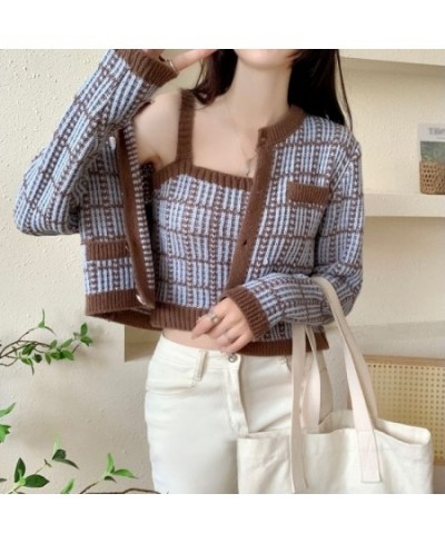 Fall/Spring Fashion Korean Style Casual Versatile Retro Sweet Cute Plaid Print Knitted Slim Camisole Cardigan Two-Piece Suit ...