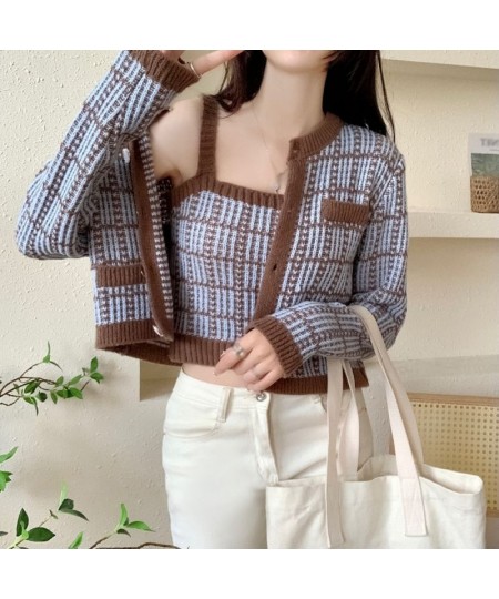 Fall/Spring Fashion Korean Style Casual Versatile Retro Sweet Cute Plaid Print Knitted Slim Camisole Cardigan Two-Piece Suit ...