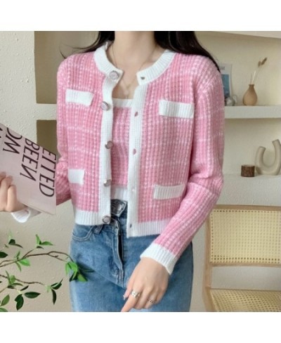 Fall/Spring Fashion Korean Style Casual Versatile Retro Sweet Cute Plaid Print Knitted Slim Camisole Cardigan Two-Piece Suit ...