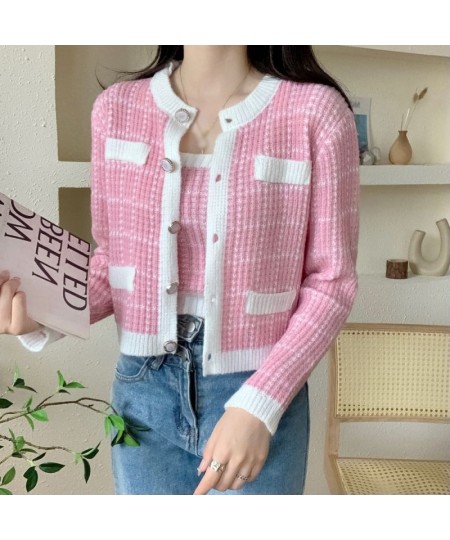 Fall/Spring Fashion Korean Style Casual Versatile Retro Sweet Cute Plaid Print Knitted Slim Camisole Cardigan Two-Piece Suit ...