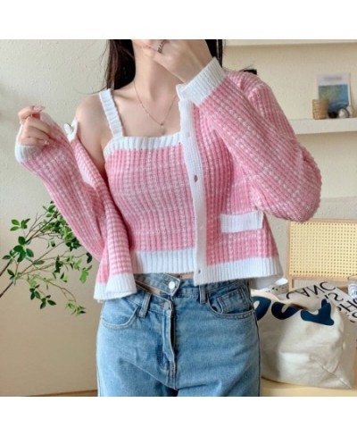 Fall/Spring Fashion Korean Style Casual Versatile Retro Sweet Cute Plaid Print Knitted Slim Camisole Cardigan Two-Piece Suit ...