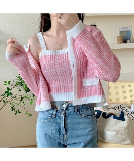 Fall/Spring Fashion Korean Style Casual Versatile Retro Sweet Cute Plaid Print Knitted Slim Camisole Cardigan Two-Piece Suit ...