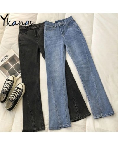 Vintage Blue Black Slit Stretchy Bootcut Jeans Women High Waist Slimming Skinny Denim Pants Korean Fashion Stitching Trousers...