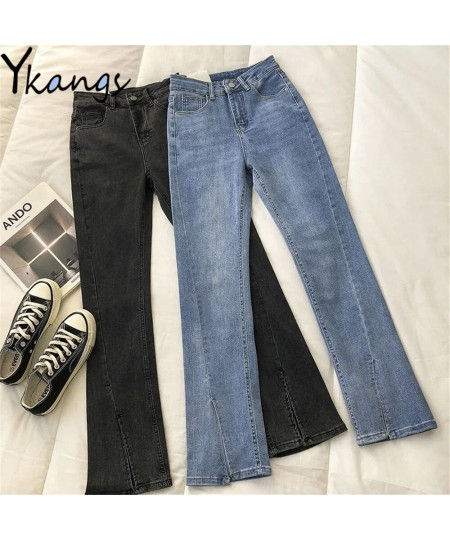 Vintage Blue Black Slit Stretchy Bootcut Jeans Women High Waist Slimming Skinny Denim Pants Korean Fashion Stitching Trousers...