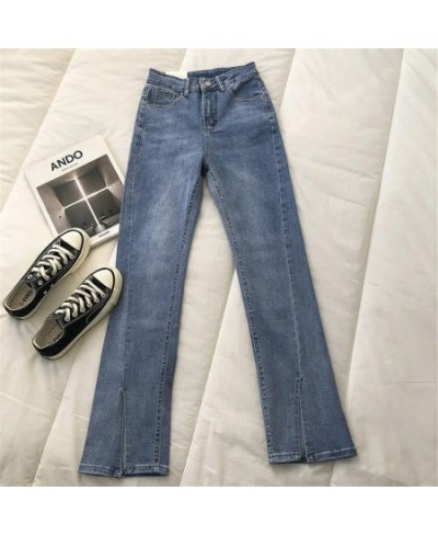 Vintage Blue Black Slit Stretchy Bootcut Jeans Women High Waist Slimming Skinny Denim Pants Korean Fashion Stitching Trousers...