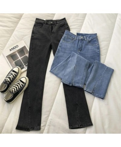 Vintage Blue Black Slit Stretchy Bootcut Jeans Women High Waist Slimming Skinny Denim Pants Korean Fashion Stitching Trousers...