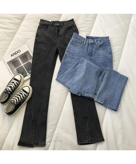 Vintage Blue Black Slit Stretchy Bootcut Jeans Women High Waist Slimming Skinny Denim Pants Korean Fashion Stitching Trousers...