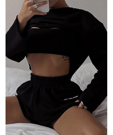 Ladies Club Wear Y2K 3 Piece Letter Print Long Sleeve Crop Tops High Waist Shorts Matching Set Women Sporty Streetwear Outfit...