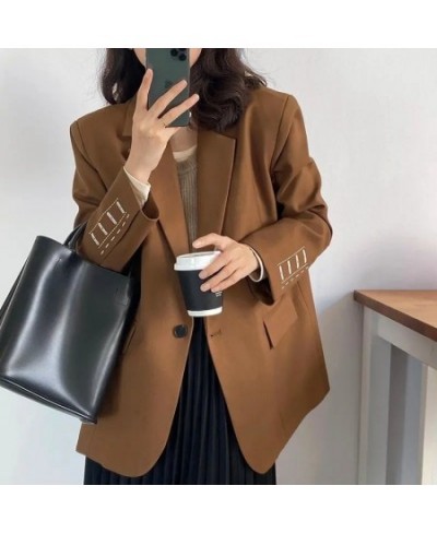 Office Lady Solid Suit Work Female Loose Coat Korean Outerwear Autumn Long Sleeve Embroidery Women Blazer Jacket $58.08 - Sui...