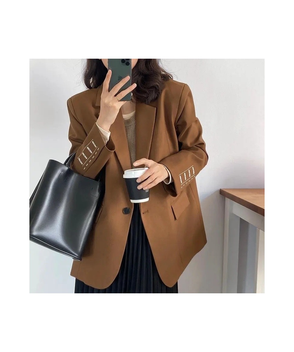 Office Lady Solid Suit Work Female Loose Coat Korean Outerwear Autumn Long Sleeve Embroidery Women Blazer Jacket $58.08 - Sui...