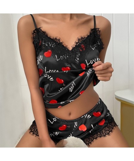 Women's Sleepwear Sexy Satin Pajama Set Black Lace V-Neck Pyjamas Sleeveless Cute Cami Top and Shorts $22.56 - Sleepwears