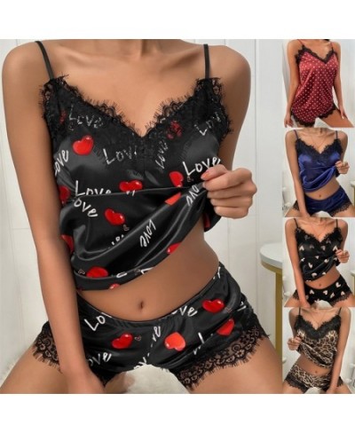 Women's Sleepwear Sexy Satin Pajama Set Black Lace V-Neck Pyjamas Sleeveless Cute Cami Top and Shorts $22.56 - Sleepwears