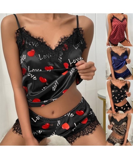 Women's Sleepwear Sexy Satin Pajama Set Black Lace V-Neck Pyjamas Sleeveless Cute Cami Top and Shorts $22.56 - Sleepwears