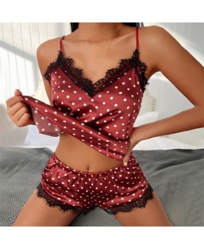 Women's Sleepwear Sexy Satin Pajama Set Black Lace V-Neck Pyjamas Sleeveless Cute Cami Top and Shorts $22.56 - Sleepwears