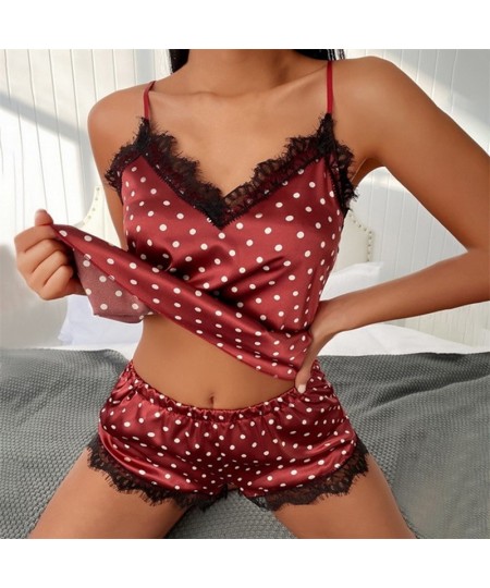 Women's Sleepwear Sexy Satin Pajama Set Black Lace V-Neck Pyjamas Sleeveless Cute Cami Top and Shorts $22.56 - Sleepwears