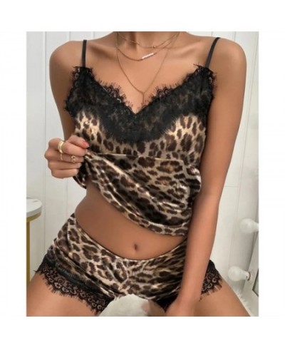 Women's Sleepwear Sexy Satin Pajama Set Black Lace V-Neck Pyjamas Sleeveless Cute Cami Top and Shorts $22.56 - Sleepwears