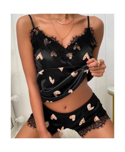 Women's Sleepwear Sexy Satin Pajama Set Black Lace V-Neck Pyjamas Sleeveless Cute Cami Top and Shorts $22.56 - Sleepwears