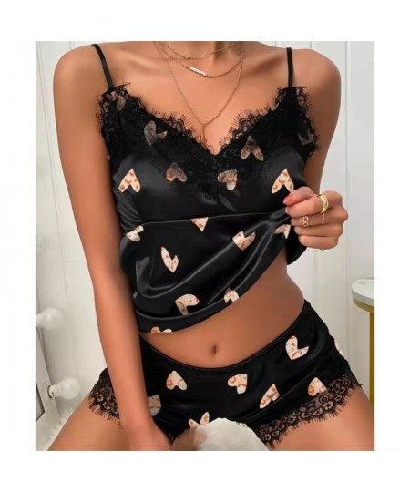 Women's Sleepwear Sexy Satin Pajama Set Black Lace V-Neck Pyjamas Sleeveless Cute Cami Top and Shorts $22.56 - Sleepwears