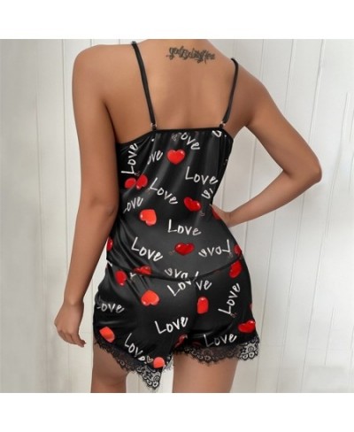 Women's Sleepwear Sexy Satin Pajama Set Black Lace V-Neck Pyjamas Sleeveless Cute Cami Top and Shorts $22.56 - Sleepwears