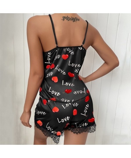 Women's Sleepwear Sexy Satin Pajama Set Black Lace V-Neck Pyjamas Sleeveless Cute Cami Top and Shorts $22.56 - Sleepwears