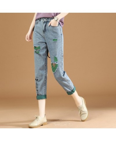 Embroidered Ripped Jeans Women Loose Jeans Summer High Waist Straight Leg Pants Skinny All-match Harlan Cropped Trousers 407 ...