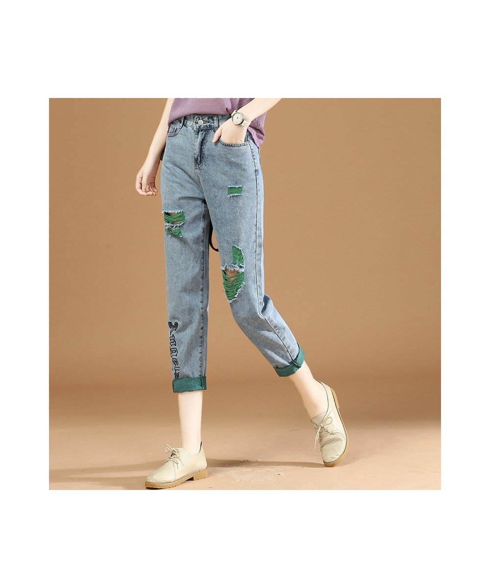 Embroidered Ripped Jeans Women Loose Jeans Summer High Waist Straight Leg Pants Skinny All-match Harlan Cropped Trousers 407 ...