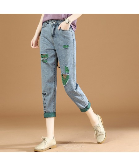 Embroidered Ripped Jeans Women Loose Jeans Summer High Waist Straight Leg Pants Skinny All-match Harlan Cropped Trousers 407 ...