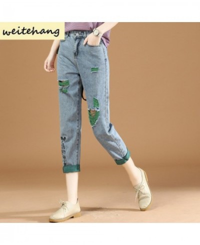 Embroidered Ripped Jeans Women Loose Jeans Summer High Waist Straight Leg Pants Skinny All-match Harlan Cropped Trousers 407 ...