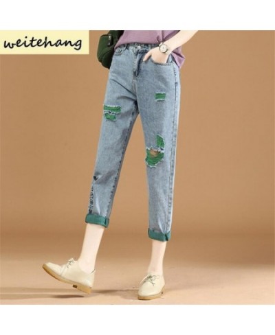 Embroidered Ripped Jeans Women Loose Jeans Summer High Waist Straight Leg Pants Skinny All-match Harlan Cropped Trousers 407 ...