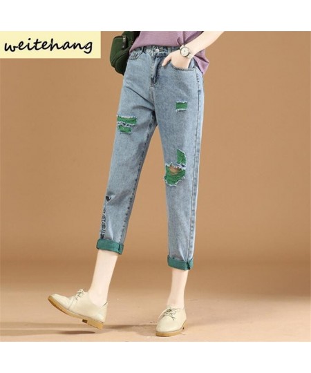 Embroidered Ripped Jeans Women Loose Jeans Summer High Waist Straight Leg Pants Skinny All-match Harlan Cropped Trousers 407 ...