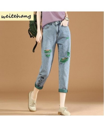 Embroidered Ripped Jeans Women Loose Jeans Summer High Waist Straight Leg Pants Skinny All-match Harlan Cropped Trousers 407 ...