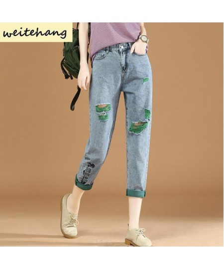 Embroidered Ripped Jeans Women Loose Jeans Summer High Waist Straight Leg Pants Skinny All-match Harlan Cropped Trousers 407 ...