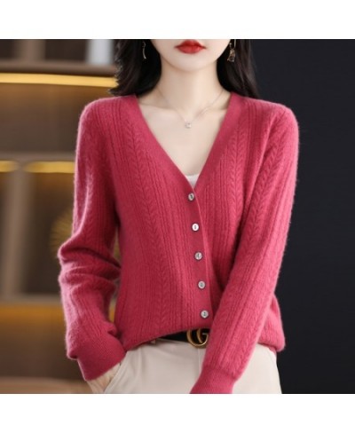 New Spring Autumn Pure Wool Cardigan Women's V-neck Merino Wool Knitted Jacket 2023 Korean Westernized Pure Color Versatile T...